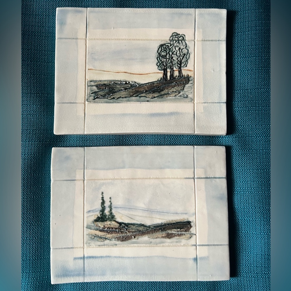 Two art tiles by Susan Remenda Penrose, artist Medicine Hat Albert art pottery
